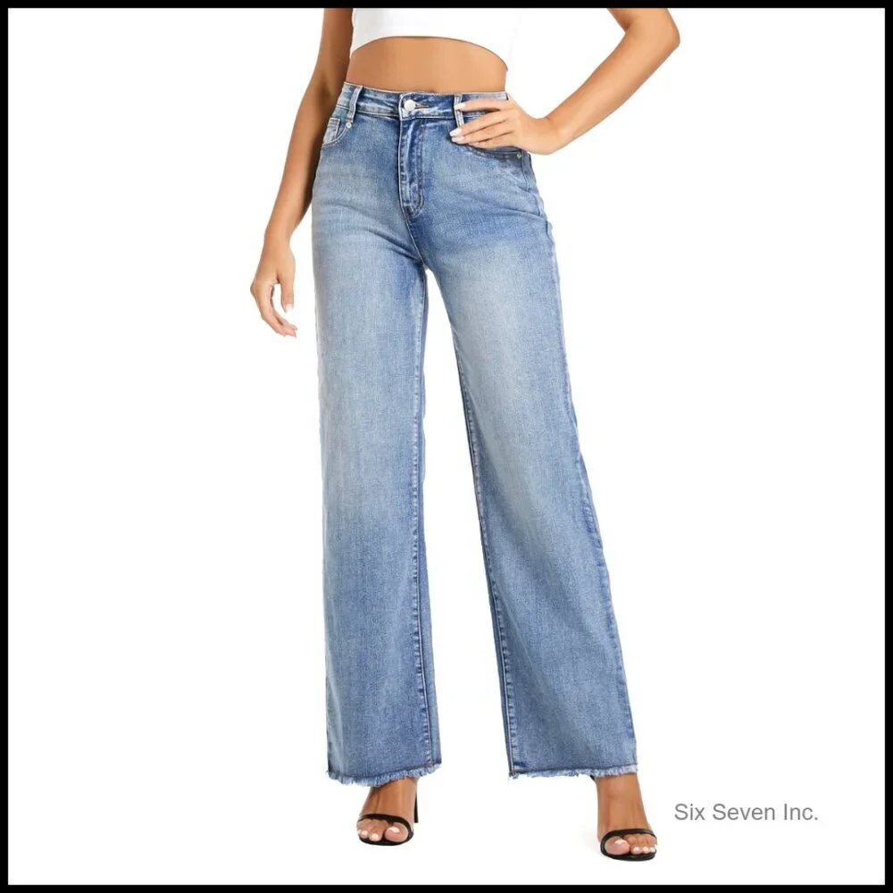 High Waisted Wide Leg Jeans Stretchy Straight Raw Hem Casual Denim